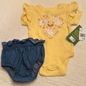 John Deer NEW onesie 3-6 mo and light weight denim bottoms 0-3 mo w/o tags.